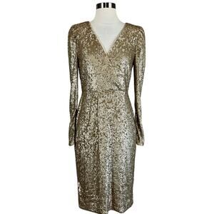 Donna Karan Women's Cocktail Dress Size 10 Gold Sequined Long Sleeve Midi Sheath